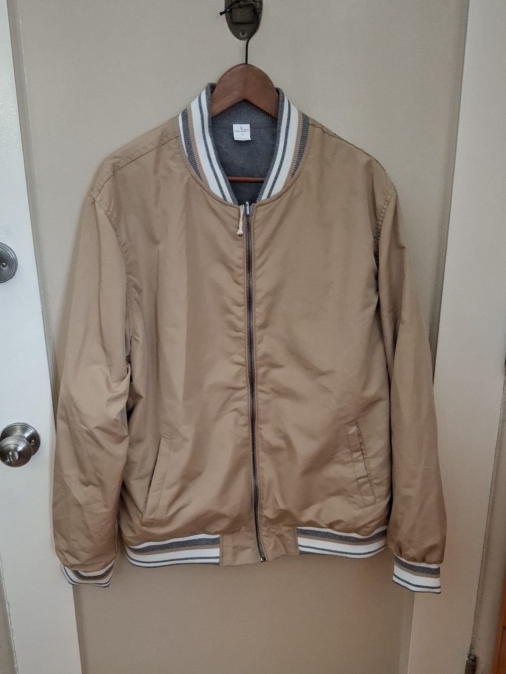 Civil Society Reversible Tan Bomber Jacket with Striped Ribbing_1